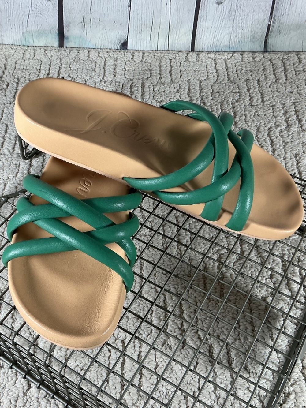 J Crew NWOT Leather Strappy Flat Slides Green Size 9